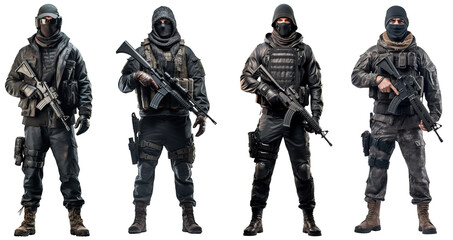 set image of black ops soldier with balaclava covered face and full equipment with rifle on transparent background. army, military people concept  - obrazy, fototapety, plakaty