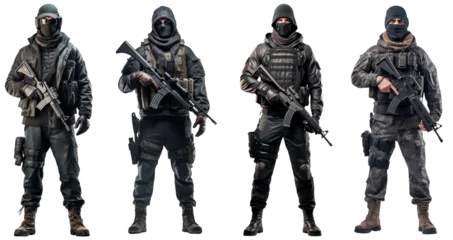 Fotobehang set image of black ops soldier with balaclava covered face and full equipment with rifle on transparent background. army, military people concept  © losmostachos