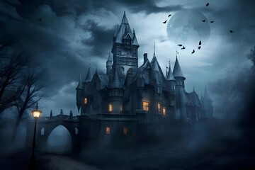 "Mystical Moonrise: The Castle's Nocturnal Glow"Ai
