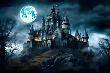 "halloween castle in the night with moon"ai