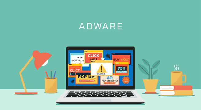 adware attack concept with alert notification of phishing advertisement on laptop screen, vector flat illustration