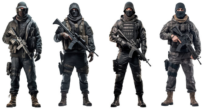 set image of black ops soldier with balaclava covered face and full equipment with rifle on transparent background. army, military people concept 