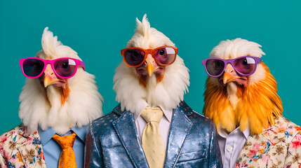 Gang family of chicken hen in vibrant bright fashionable outfits, commercial, editorial advertisement, surreal surrealism. Group shot. Generative AI