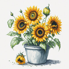 Watercolor Sunflower in Bucket