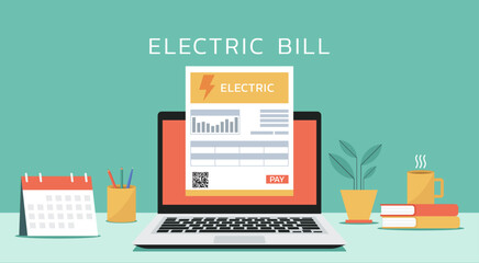 online payment on schedule date with electricity bill on laptop screen, vector flat illustration