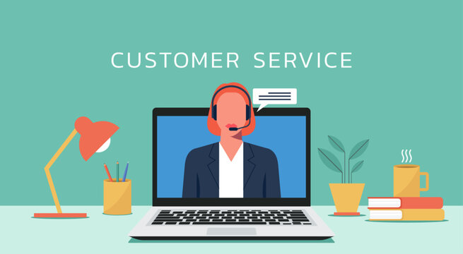 call center and customer service concept, hotline operators woman with headphones and microphone on laptop screen, online technical support, vector flat illustration