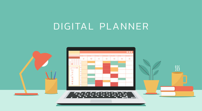 digital calendar planner on laptop screen for organization management and event appointment, vector flat illustration