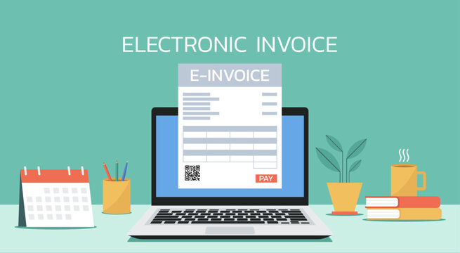 electronic invoice payment or financial transaction on laptop screen, vector flat illustration