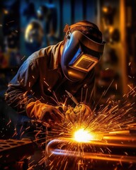 A skilled welder demonstrates proper techniques with safety gear. (Generative AI) - 604992413