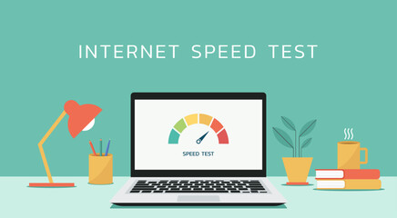 internet speed test on laptop screen, vector flat illustration