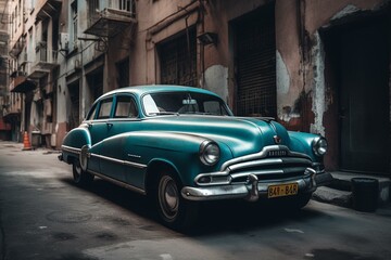 Obraz na płótnie Canvas Old blue car parked on empty urban street amidst tall buildings. Generative AI