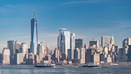 Skyline of lower Manhattan seen from Liberty Island, New York