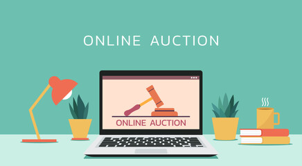 online auction concept with huge hammer on laptop  screen, vector flat illustration - obrazy, fototapety, plakaty