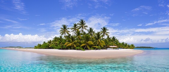 Paradise beach of a tropical island, palm trees, white sand, azure water. Famous stone beach in the Seychelles. Generative AI.