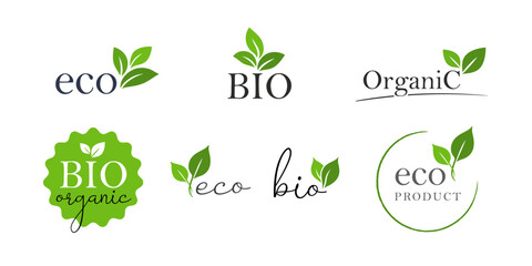 Vector icon of organic food, bio, natural product. Labels and stickers with leaves