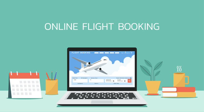 Flight Search Application On Laptop Screen For Booking Tickets Online For Traveling With Plane, Vector Flat Illustration