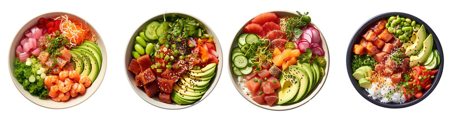 Hawaiian poke bowl set: tuna, salmon, shrimp with avocado, mango, radish, rice and other ingredients. Soy sauce and sesame dressing. top view on transparent background
