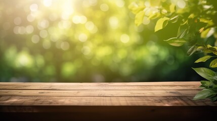 Wooden planks on green grass with a blurred background with space to place products Generative AI