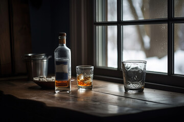 Glass of whiskey with ice cubes in a dark ambient on the table in a dark day Generative AI	
