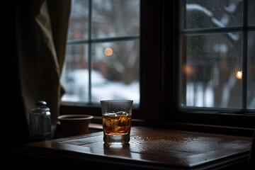 Glass of whiskey with ice cubes in a dark ambient on the table in a dark day Generative AI	
