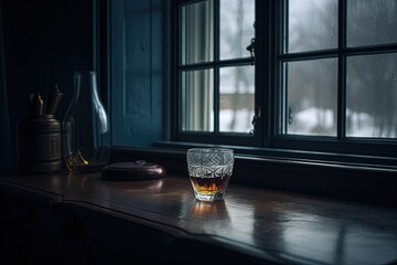Glass of whiskey with ice cubes in a dark ambient on the table in a dark day Generative AI	
