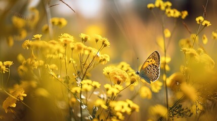 Beautiful Yellow butterfly flying on Yellow plant Generative AI	
