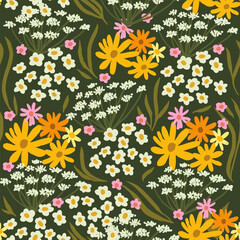 warm floral ornament. seamless endless pattern with flowers, buds and leaves. colorful background of a flowering meadow. summer motives.