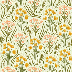 endless botanical pattern with a cozy ornament of flowers, twigs and leaves. seamless background of directional plants. eco pattern with summer mood. folk motives.