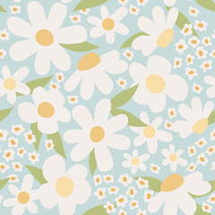 doodle daisies scattered randomly in an endless pattern. hand-drawn white daisies on a blue background. naive cute flowers.