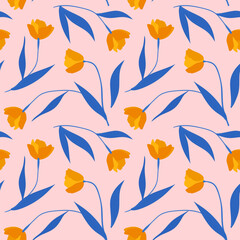 trendy tulips with blue leaves on a pink background. orange flowers with blue stems. floral pattern hand drawn. fashion flowers.
