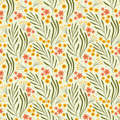 flying pattern with twigs and leaves with flowers. flat botanical pattern. yellow and red flowers.