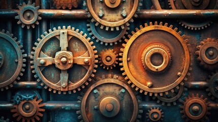 The background is a vintage steampunk machinery with rusty gears. (Generative AI)