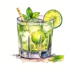 Caipirinha Cocktail isolated on white drawn with watercolor (generative AI)