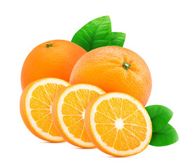 Two orange fruit and ring slice with green leaf