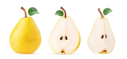 Fresh yellow pears whole and cut in half, quarter, with green leaf