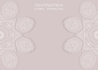 Invitation or Card template with lacе frame border, doodle line pattern, mandala element. Decorative openwork filigree art background for Wedding, Valentine's day greeting card, Birthday Invitation