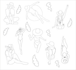 A set of beautiful girls resting on beach, enjoying vacation with hat, swmming ring, leaves, shirt in one line art on white background