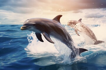 Playful Dolphins Leaping in Blue Ocean. AI