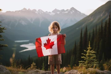 Foto op Plexiglas Child holding the canada flag in the mountains for canada day. Generative Ai © Patrick