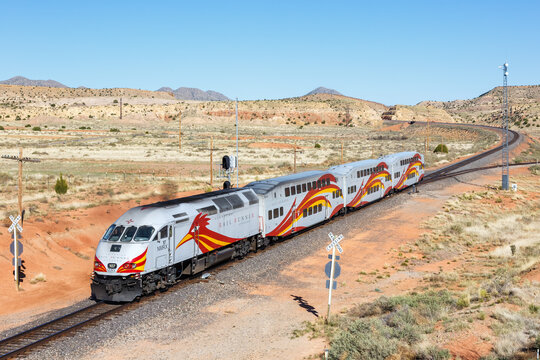 New Mexico Rail Runner Express commuter train railways near Santa Fe, United States