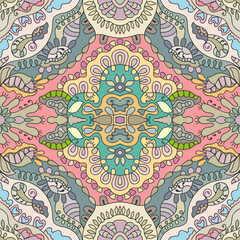 Hand drawn seamless graphic pattern, colorful artistic background with floral and geometric elements. Doodle ethnic mandala ornament for textile fabric, paper print. Surface texture 