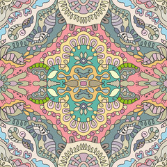 Hand drawn seamless graphic pattern, colorful artistic background with floral and geometric elements. Doodle ethnic mandala ornament for textile fabric, paper print. Surface texture 