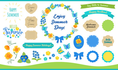 Cute summer clipart set. Flowers, leaves and butterflies. Tag label ribbon banner with text. Scrapbook journaling stickers collection. Blue, yellow, turquoise, lime green color. Flat vector graphics.