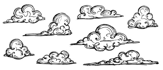 A set of sketches, doodles of various clouds.Vector graphics.