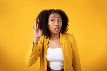 Overhearing, gossips and interesting news. Curious black lady listening secrets eavesdropping...
