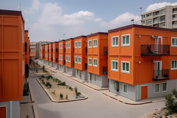 city of container houses containers with doors at sunset in turkey for the homeless, ai generation