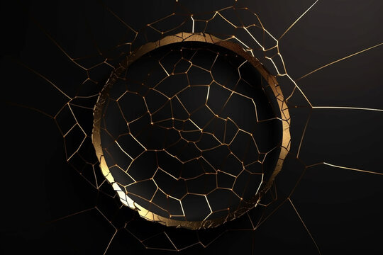 Abstract And Elegant Black Background With Golden Cracks, Splashes And Round Circle With Copy Space In The Middle. Product Placement Luxurious Backdrop. Generative AI