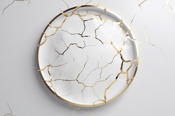 Abstract and elegant white background with golden cracks, splashes and round circle with copy space in the middle. Product placement luxurious backdrop. Generative AI