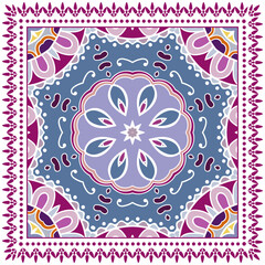 Decorative doodle ornament, symmetric pattern with lace frame. Tribal ethnic mandala decor. Bandana shawl, hijab, tablecloth fabric print, silk neck scarf, kerchief design. Colorful vector background