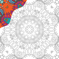 Decorative doodle pattern for coloring book. Hand drawn fantasy line art, floral geometric ornament for painting, coloring page. Tribal ethnic decoration. Black and white with sample of colors - obrazy, fototapety, plakaty